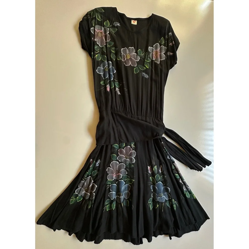 Phoenix‎ Vintage Hand Painted Floral Black Midi Dress Shoulder Pads Tie Waist OS
